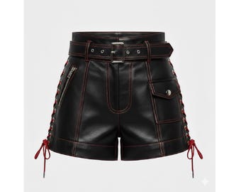 Pantalones cortos punk de cuero negro hechos a mano: costuras rojas y cordones laterales.
