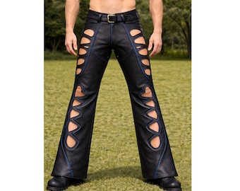 Pantalones de cuero negro para hombre con aberturas – Pantalones de estilo motero gótico con diseño ondulado