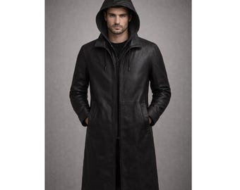 Chaqueta larga de cuero con capucha negra para hombre / Chaqueta larga de cuero con capucha / Ropa de calle de invierno