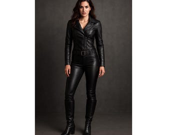 Conjunto de cuero negro para mujer hecho a mano: chaqueta, pantalón, cinturón y zapatos estilo motero.