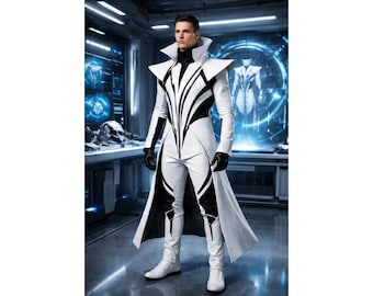 Traje de abrigo de cuero futurista para hombre / Traje de armadura de cosplay cyberpunk