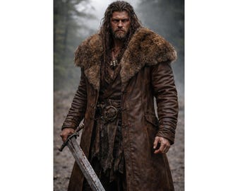 Abrigo bárbaro de cuero marrón ajustado para hombre / Cuello de piel vikingo