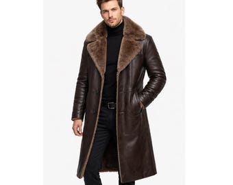 Handmade Men's Brown Leather Shearling Coat | 70s Vintage Aviator Overcoat