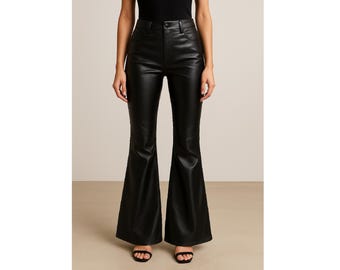 Pantalones acampanados de cuero negro de cintura alta / Pantalones elegantes de cuero auténtico para mujer