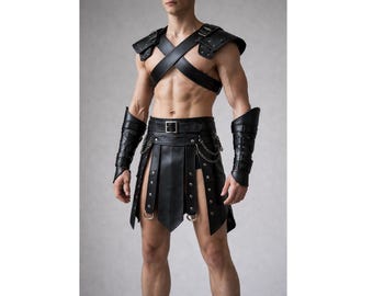 Armadura de gladiador de cuero negro para hombre / Disfraz de guerrero / Traje de rol en vivo y cosplay / Equipo de cuero hecho a mano