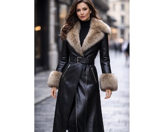 Handmade Women Black Leather Trench Coat with Fur Collar | Genuine Leather Belted Overcoat