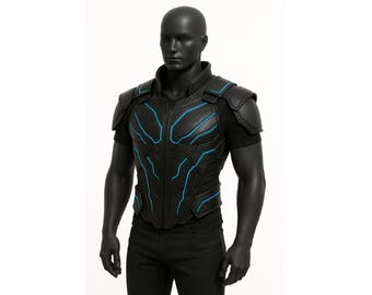 Chaleco táctico de cuero futurista: armadura ciberpunk con ribetes azules