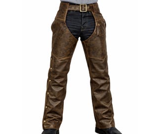 Chaparreras de cuero marrón desgastado / Equipo vintage de vaquero y motociclista