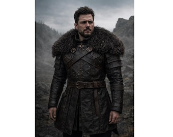 Abrigo de guerrero medieval de cuero con cuello de piel: chaqueta gótica de estilo vikingo