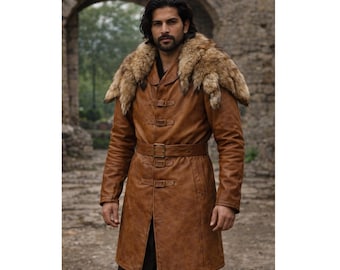 Gabardina de cuero marrón con cuello de piel para hombre: abrigo vikingo hecho a mano.