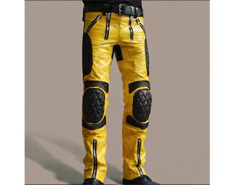 Pantalones de motociclista de cuero amarillo y negro hechos a mano / Pantalones acolchados hasta la rodilla