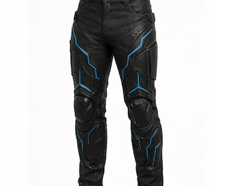 Pantalones cyberpunk de cuero negro para hombre / Pantalones de armadura táctica