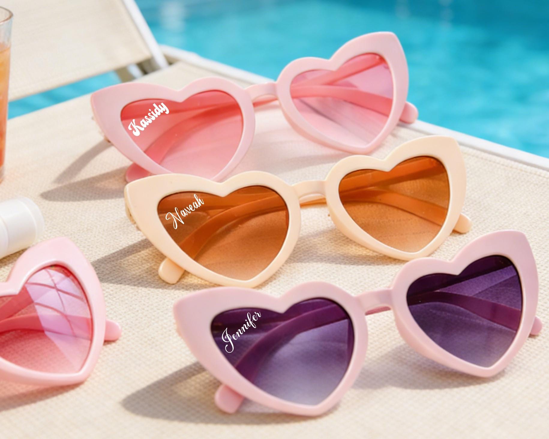 7 piece set: bride & bridesmaid heart shaped sunglasses PINK Heart Shaped Sunglasses for Bachelorette Party Wedding or  main image 2