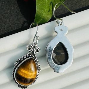 Natural Tiger Eye Dangle Earrings: 925 Sterling Silver Handmade Oval Gemstone Jewelry, teardrop hook