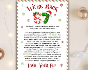 Carta de Elfo "Hemos vuelto" (67), Carta de llegada de Elfo (67), Meme de tendencia de Seis Siete, Carta de bienvenida de Elfos (6-7), Idea de nota imprimible de Elfo para Navidad