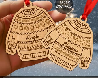 Adorno navideño de suéter feo, archivo de corte digital para CNC Glowforge, suéter navideño, plantillas de corte láser para adornos navideños (SVG)
