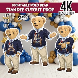 May include: Printable Polo Bear standee cutout prop in 4K resolution. The image shows three bear cutouts wearing a navy blue sweater with a polo scene, beige trousers, and brown shoes. Sizes available are 1.2 m, 1.5 m, and 1.8 m.