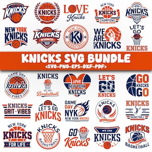 Puede incluir: Una colección digital de diseños gráficos con temática de baloncesto de los New York Knicks en naranja, azul y blanco. El paquete incluye varios logotipos, balones, canastas y textos como Knicks, Let's Go y Game Day Vibes, en una cuadrícula.