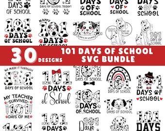 Paquete SVG de 101 días de escuela, SVG con temática dálmata, diseños para jardín de infantes y preescolar, SVG de 101 días para Cricut, camiseta de 101 días, regalo para ella