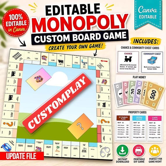 Editable Monopoly Board Game Template Canva Custom DIY Board Game Printable Monopoly Game Design Instant Download Family Game Night