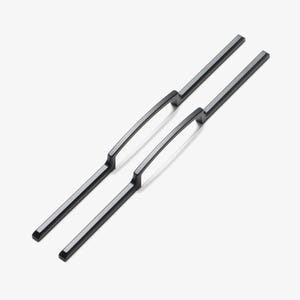 May include: Two black cabinet pulls with a modern design. Each pull has a straight, rectangular handle that curves slightly in the middle. The pulls are made of a matte black material with a silver accent.