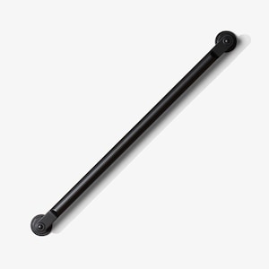 May include: A black metal cabinet pull with a straight bar and circular end pieces. The hardware is a dark matte finish, suitable for drawers or cabinet doors. The pull is shown against a white background.