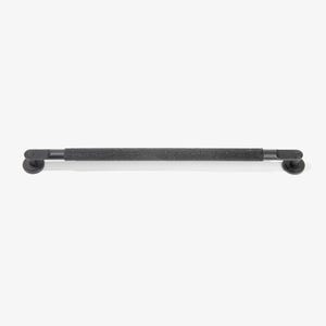 May include: A long, horizontal black grab bar featuring a textured, non-slip central grip section. The bar is supported by two circular mounting brackets at each end, finished in a matching matte black color, providing a secure and functional design.