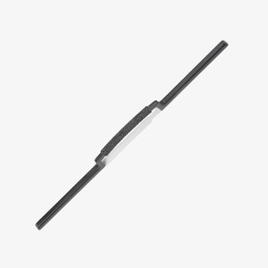 May include: A matte black cabinet pull with a long, slender profile and a central section featuring a textured, knurled grip. The hardware has two offset mounting points, creating a stepped design that extends into straight, smooth arms on each side.