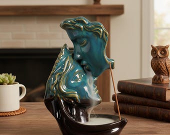 Backflow Incense Burner – Deep Blue Ceramic Kiss Design, Waterfall Smoke Holder, Aromatherapy Diffuser, Zen Home Decor