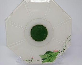 Vintage Indiana Glass Cake Stand Footed Fused Frosted Green Painted Flower 10.5"