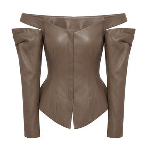 Zwarte leren korsetjas, dames off-shoulder jas met krijtstreepmotief. afbeelding 11