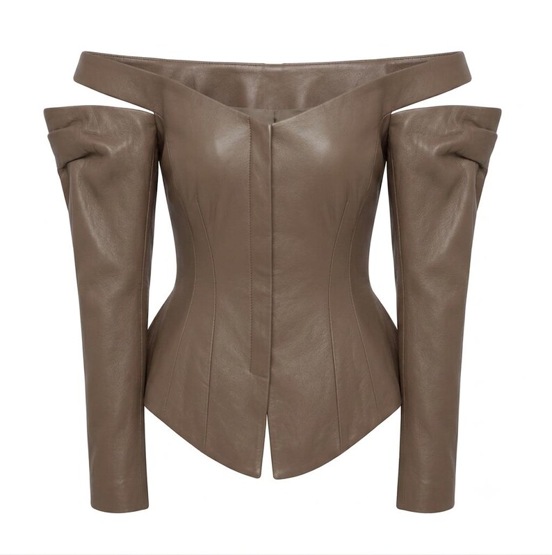 Zwarte leren korsetjas, dames off-shoulder jas met krijtstreepmotief. afbeelding 11
