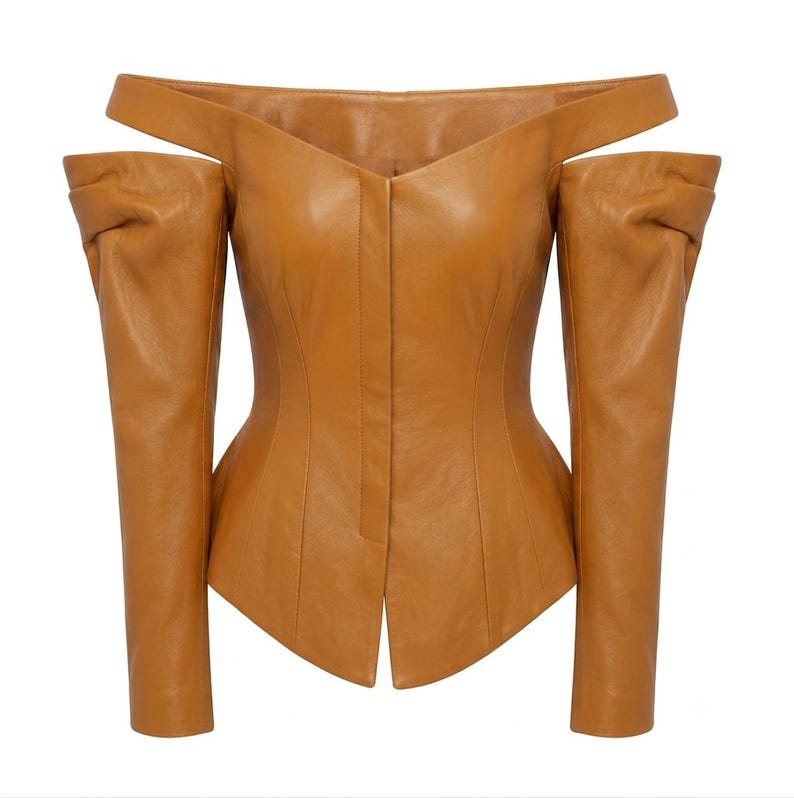 Zwarte leren korsetjas, dames off-shoulder jas met krijtstreepmotief. afbeelding 9