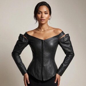 Zwarte leren korsetjas, dames off-shoulder jas met krijtstreepmotief. afbeelding 7