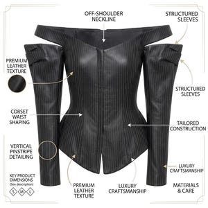 Zwarte leren korsetjas, dames off-shoulder jas met krijtstreepmotief. afbeelding 3