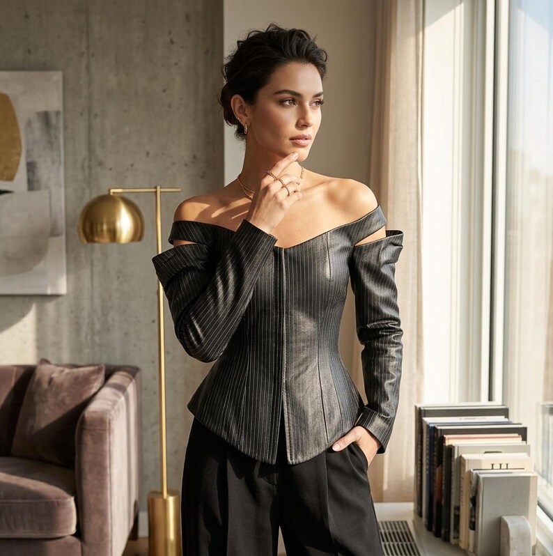 Zwarte leren korsetjas, dames off-shoulder jas met krijtstreepmotief. afbeelding 8