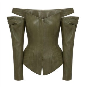 Zwarte leren korsetjas, dames off-shoulder jas met krijtstreepmotief. afbeelding 10