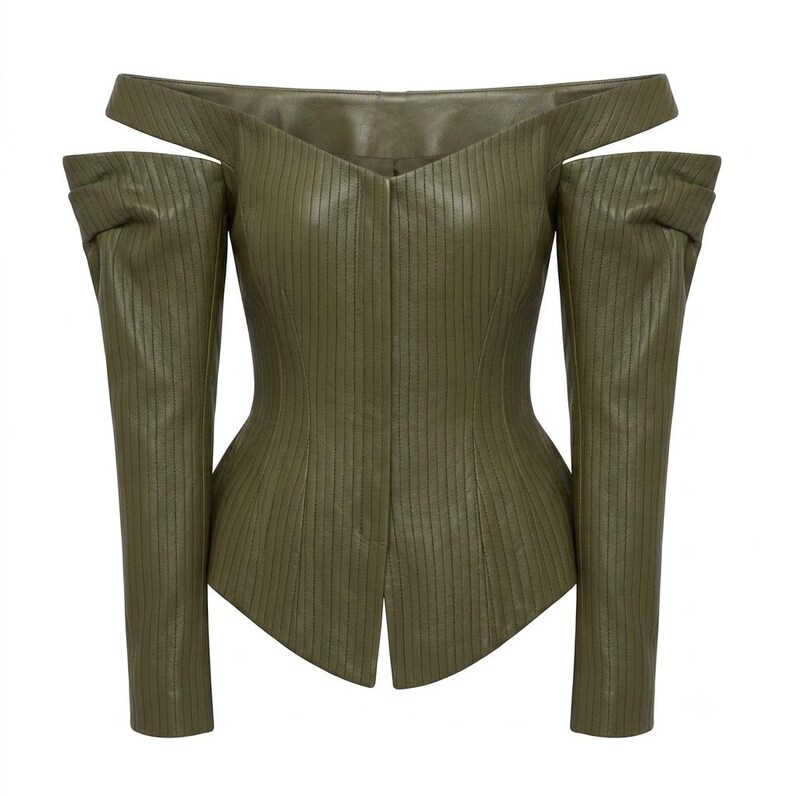 Zwarte leren korsetjas, dames off-shoulder jas met krijtstreepmotief. afbeelding 10