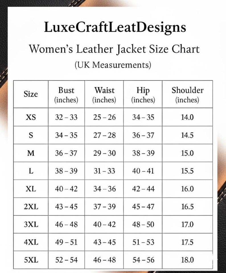 Op de afbeelding: Maattabel voor leren damesjassen, met afmetingen in inches. De tabel bevat borst-, taille-, heup- en schouderafmetingen voor de maten XS tot 5XL. De merknaam is "LuxeCraftLeatDesigns".
