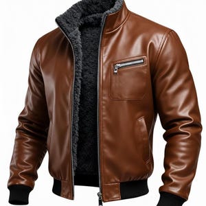 Puede incluir: Chaqueta de cuero marrón con forro polar negro y bolsillo en el pecho con cremallera. La chaqueta tiene cuello alto y puños y dobladillo de canalé negros. Una prenda de abrigo clásica.