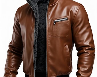 Mens Leather Bomber Jacket Fur Lined Warm Winter Coat