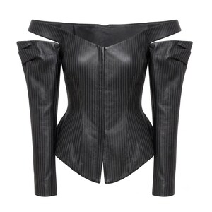Zwarte leren korsetjas, dames off-shoulder jas met krijtstreepmotief. afbeelding 2