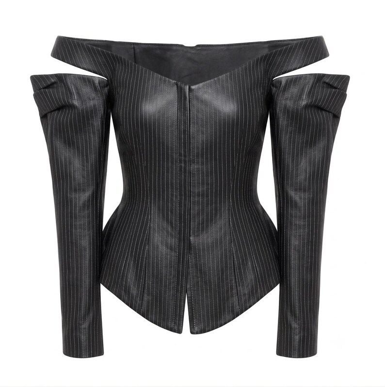 Zwarte leren korsetjas, dames off-shoulder jas met krijtstreepmotief. afbeelding 2