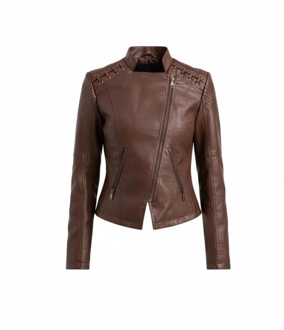 Brown Moto Jacket - Women's Slim Fit Asymmetrical Biker Jacket