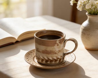 Taza y platillo de cerámica rústica para café - Juego de té de gres con tonos tierra