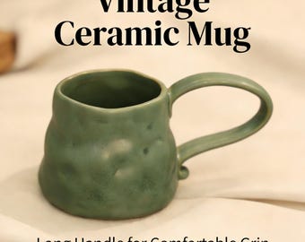 Taza de cerámica verde musgo vintage, con asa larga, estilo rústico de granja.