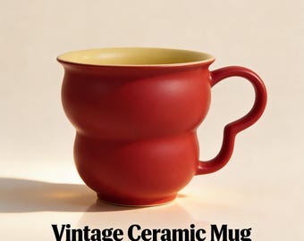 Taza de cerámica con forma de calabaza roja, acabado mate, estilo vintage.