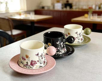 Juego de taza y platillo de cerámica con diseño floral – Taza de té con asa de bola, estilo coreano