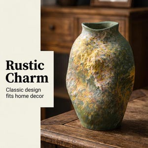 Puede incluir: Un jarrón texturizado de forma irregular, en tonos verdes, amarillos y marrones. Tiene una base ancha y un cuello estrecho. Se muestra el texto "Rustic Charm" y "Classic design fits home decor".