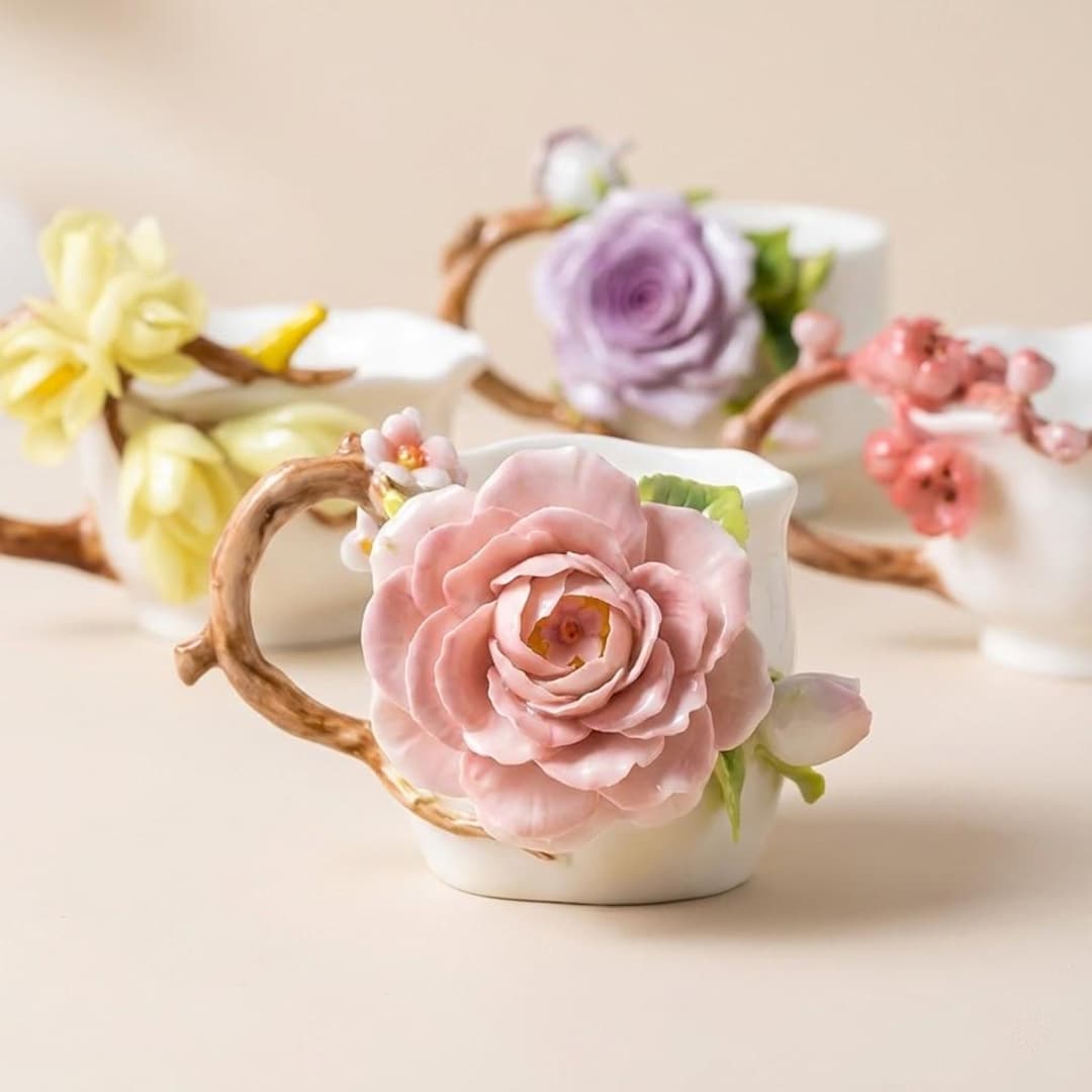 Handmade 3D Floral Mug, Sculpted Porcelain Rose Teacup, Branch Handle ...